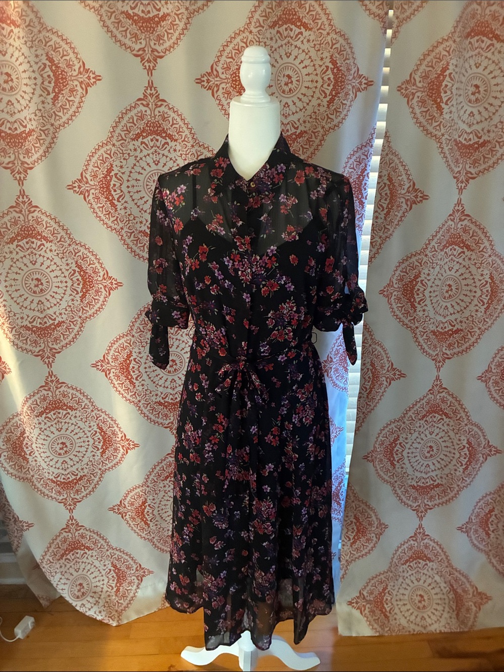 Calvin Klein Black Floral Tie-Waist Midi Dress with Pink & Purple Blossoms